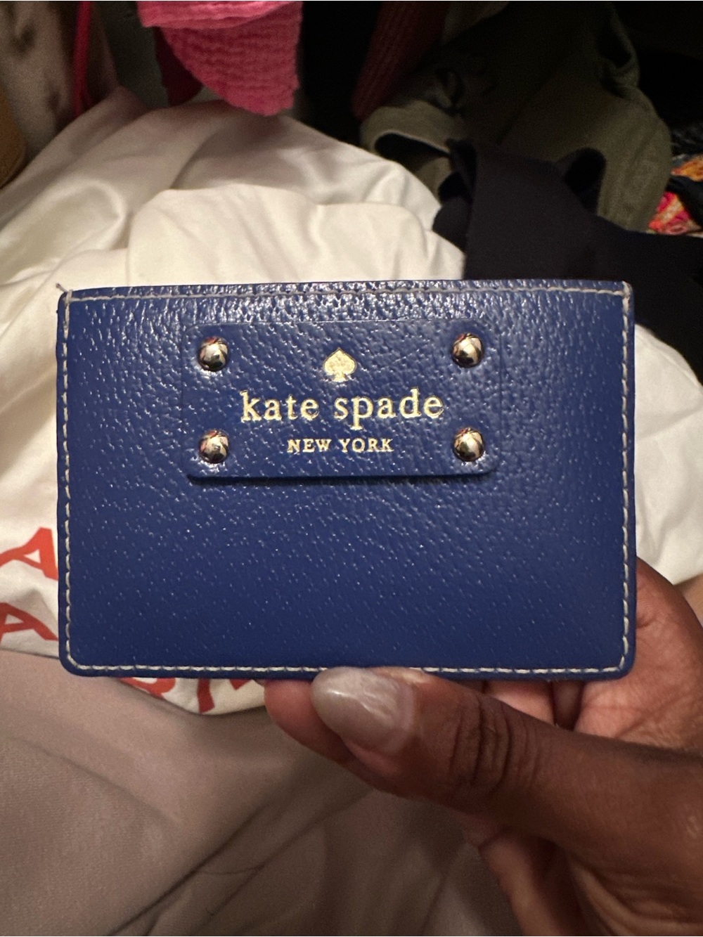 kate spade purple leather card & key holder with gold studs